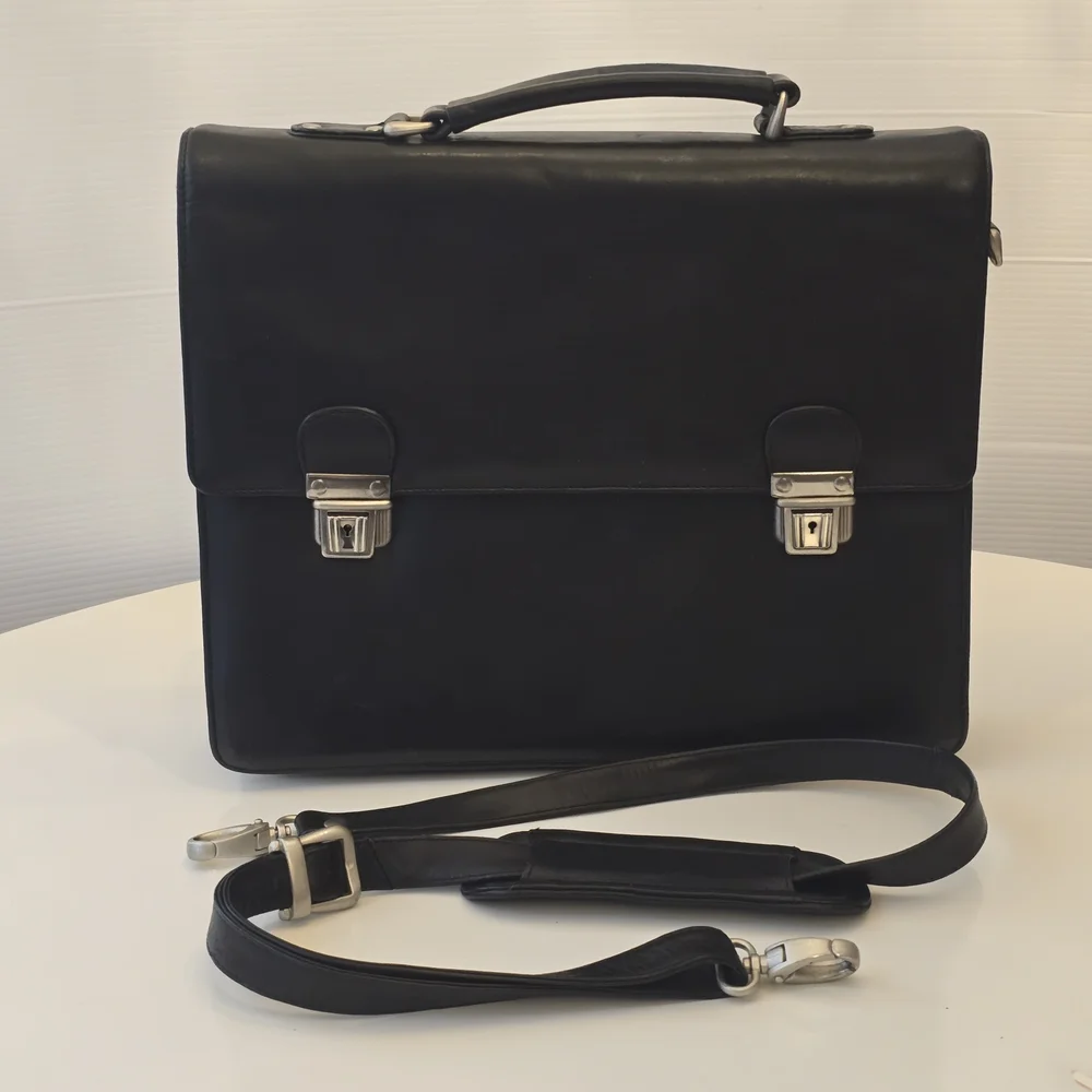 Wilsons Leather Vintage Black Laptop Expandable Briefcase with Shoulder Strap
